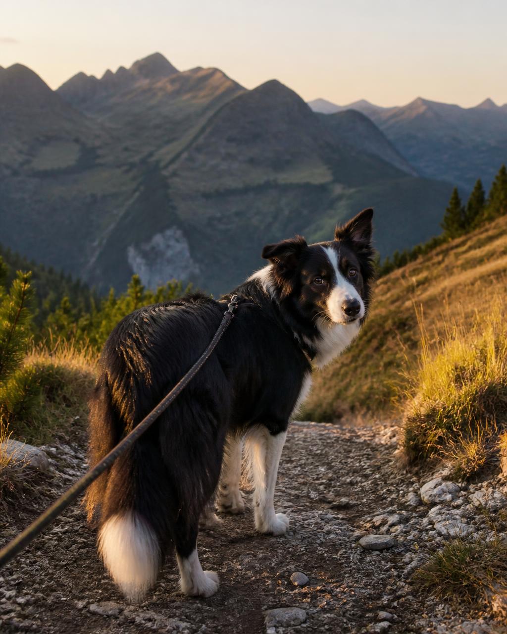 Border Collie an der Leine auf einem Bergweg in den Kitzbüheler Alpen