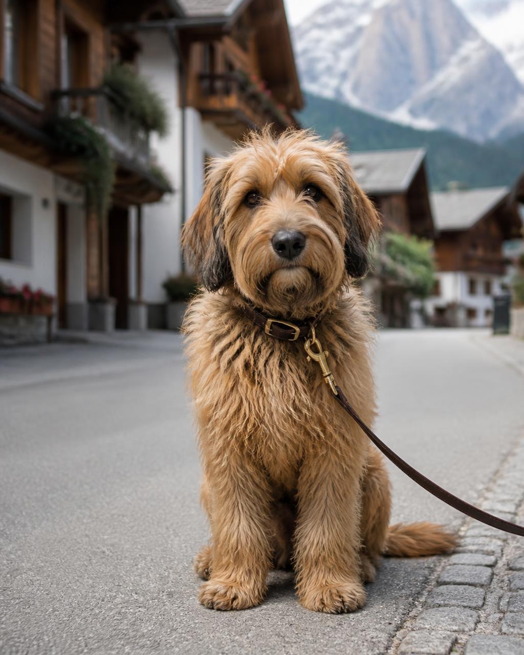 Hund an der Leine sitzt geduldig in einem Tiroler Dorf