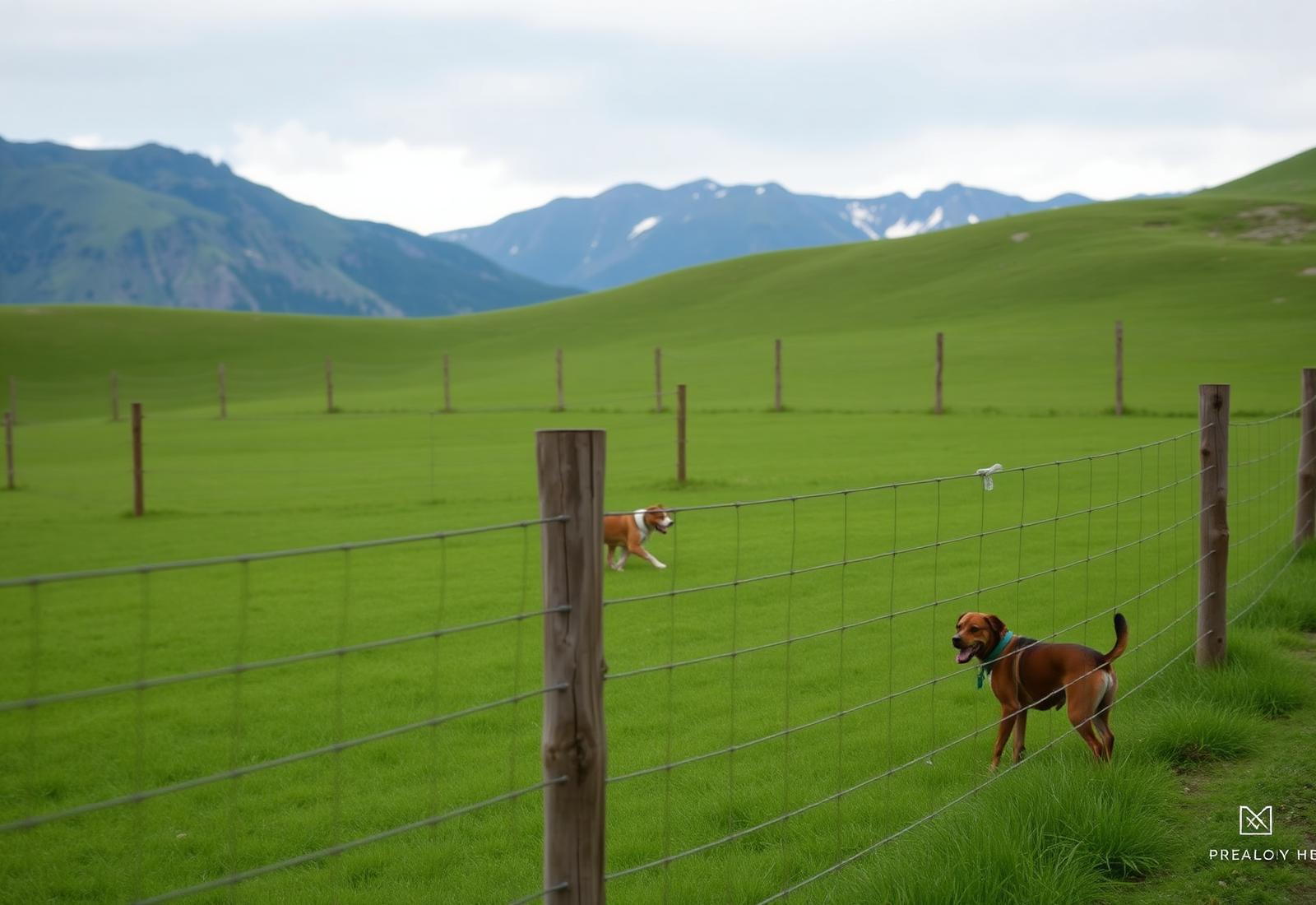 Eingezäunte Auslauffläche mit Holzzaun und Hunden vor Bergen