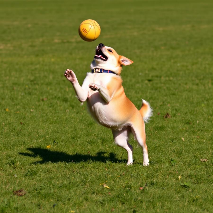 Hund springt nach einem Ball auf der Wiese