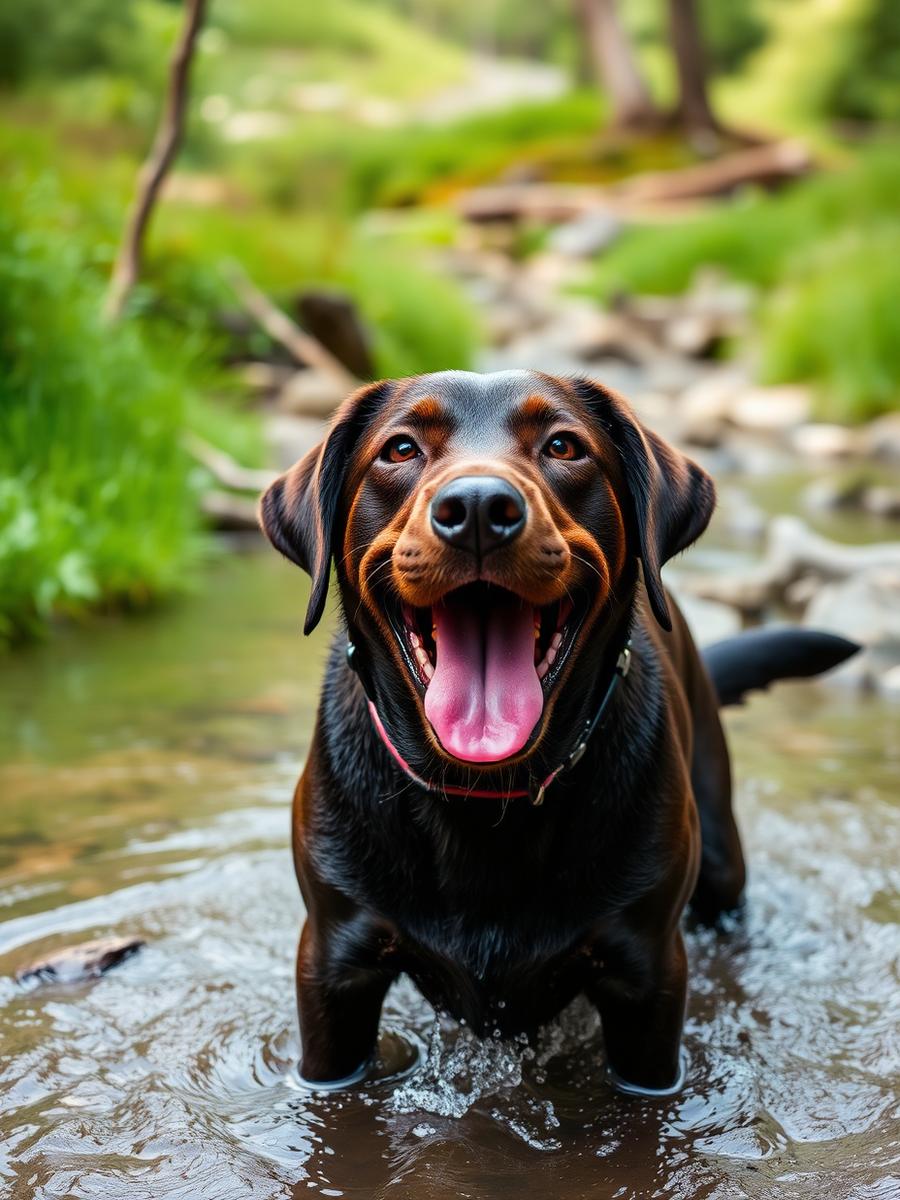 Nasser, glücklicher Labrador an einem Bergbach