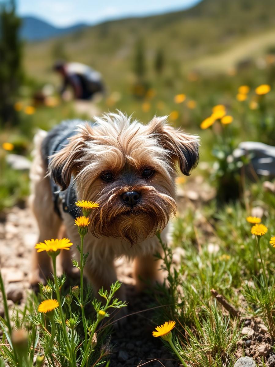 Kleiner Hund schnuppert an Bergblumen