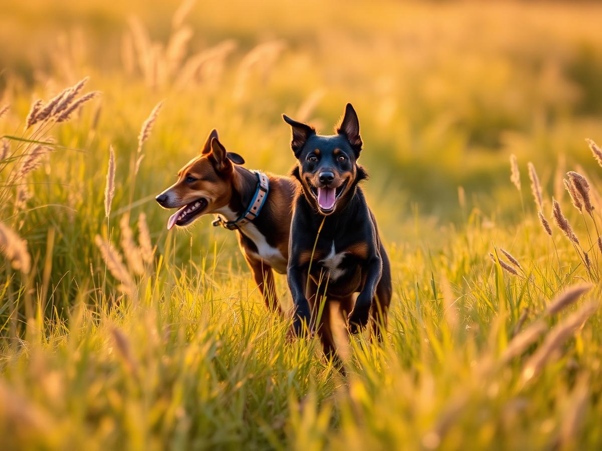 Zwei Hunde spielen im hohen Gras