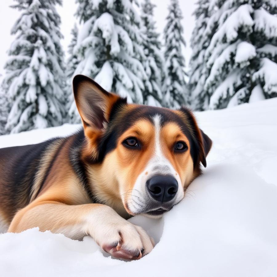 Hund liegt entspannt im Schnee