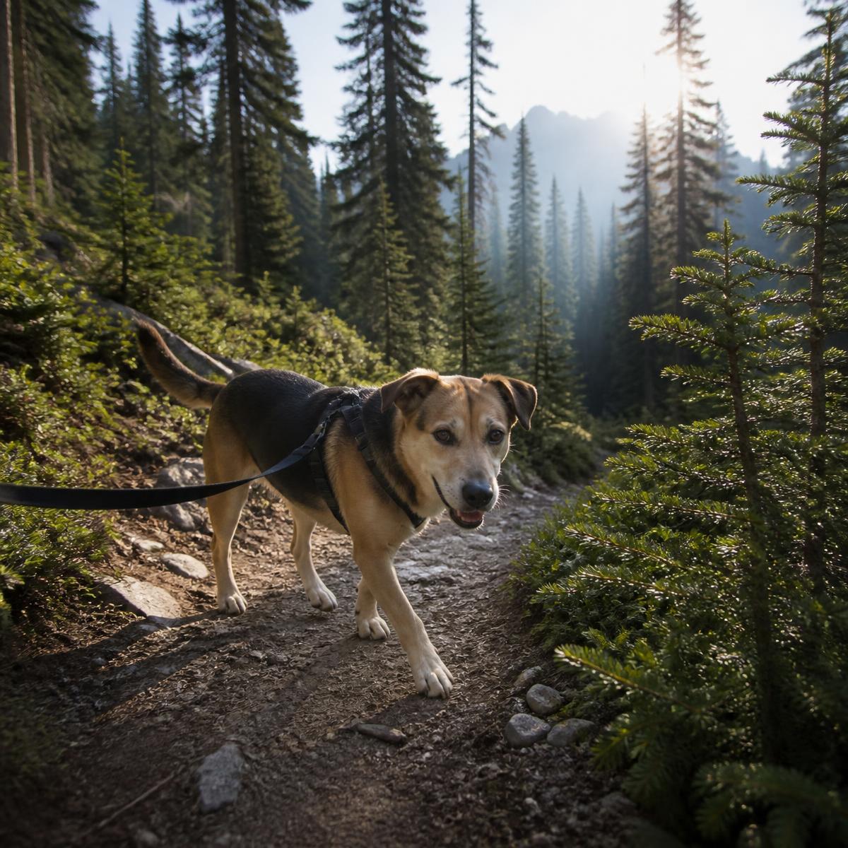 Hund an der Leine auf einem Waldweg im Gegenlicht