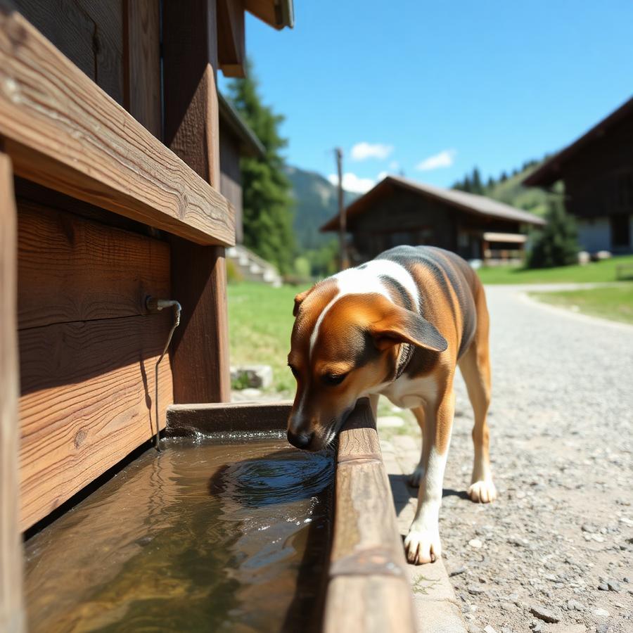 Hund trinkt aus einem Holzbrunnen im Dorf