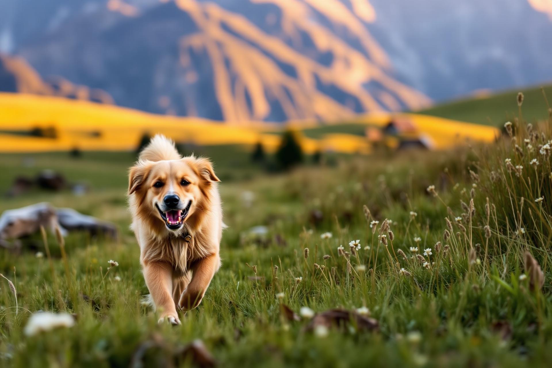 Fröhlicher Hund läuft über eine Almwiese in Tirol im Abendlicht