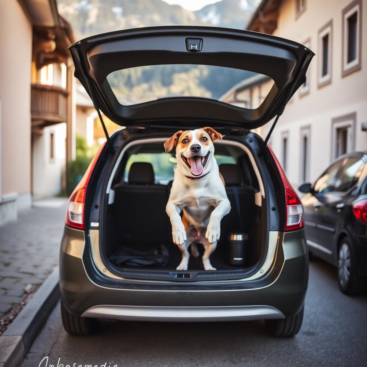 Hund springt fröhlich in den offenen Kofferraum eines Autos