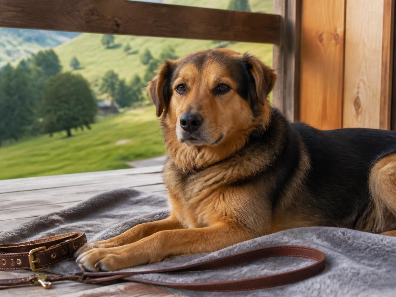 Entspannter Hund liegt mit Leine und Decke auf einer Holzterrasse