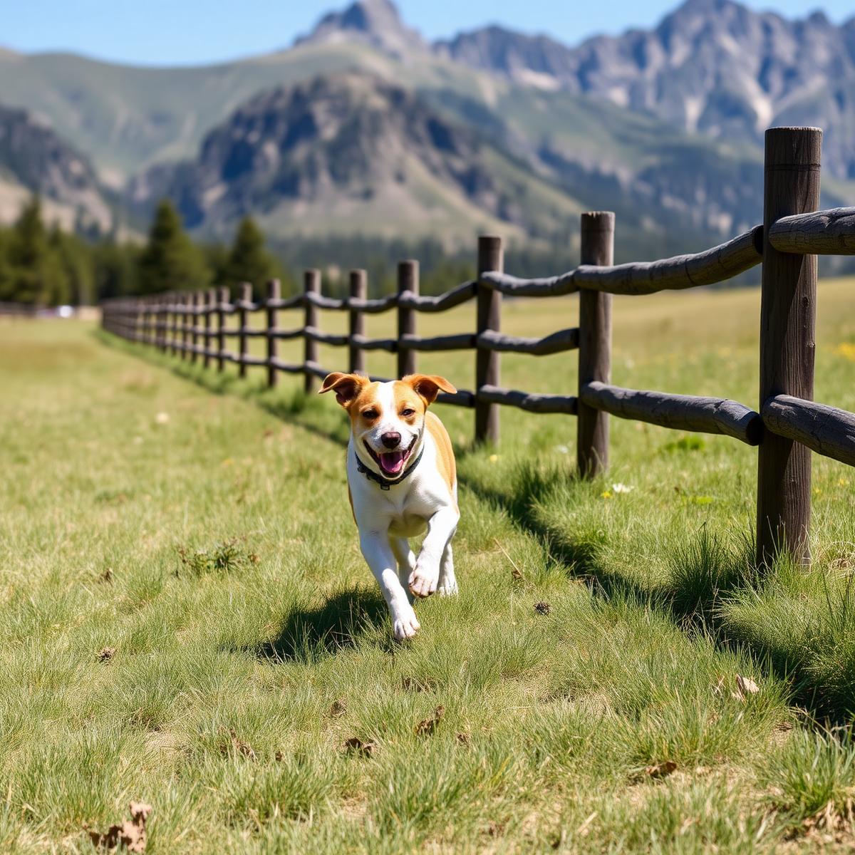 Hund rennt frei auf einer eingezäunten Wiese vor Bergkulisse